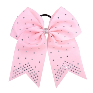 Pink 7-inch grosgrain ribbon hair bow with silver rhinestones and elastic band