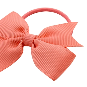 Classic coral pink grosgrain ribbon bow hair tie with elastic band for girls