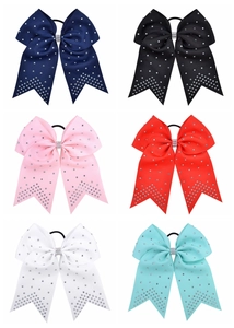 Detail of 7 inch polyester grosgrain hair bows with silver rhinestones in six colors
