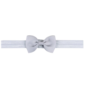 Classic grey baby headband with ribbed grosgrain bow on flat elastic ribbon base