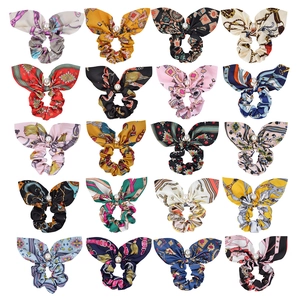 Set of 20 floral bunny ear scrunchies with white faux pearls and stylish prints
