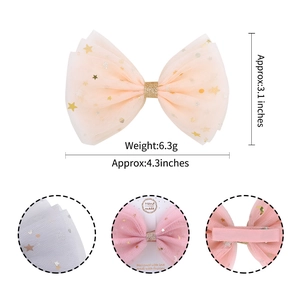 Chiffon bow hair clip in light orange-pink with gold sequins and metal crocodile clip