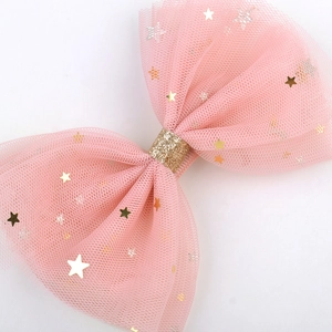 Pink tulle bow hair clip with gold star sequins and sparkling center for girls
