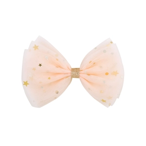 Pink chiffon bow hair clip with sparkling gold and silver stars for girls and women