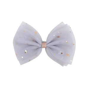Elegant light gray mesh bow hair clip with gold stars and moon patterns for women