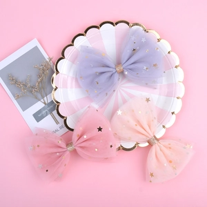 Lot de 3 barrettes à nœud en tulle pour filles avec étoiles dorées et paillettes rose
