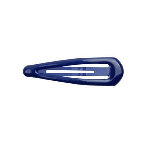 Detail view of a navy blue snap hair clip with a smooth glossy lacquered finish