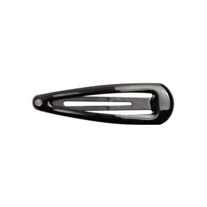 Close-up of a classic black teardrop metal hair clip with a glossy paint finish