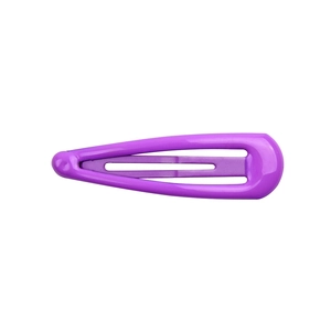 Close-up of a purple shiny metal snap hair clip with a smooth painted surface