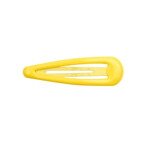 Macro view of bright yellow water-drop metal hair clip with smooth lacquer finish
