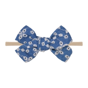 Blue denim floral embroidery baby nylon headband with delicate white flower pattern