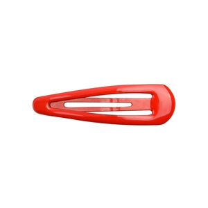 Detailed view of glossy red drop-shaped snap hair clip with smooth lacquer finish