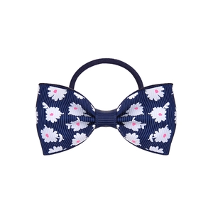 Élastique à cheveux avec nœud en ruban gros-grain bleu marine et motif marguerite