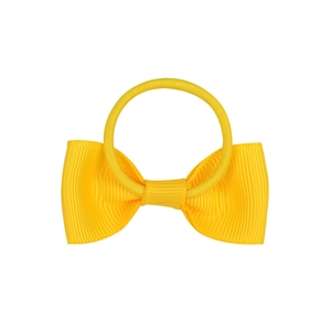 Cute solid yellow ribbed ribbon bow hair tie for girls with elastic band on white background