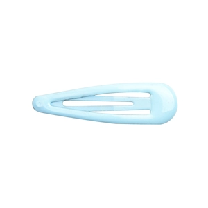 Close-up of light blue teardrop metal hair clip with smooth matte lacquer finish