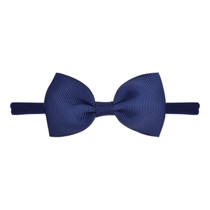 Detailed close-up of navy blue ribbed bow headband for babies with soft elastic fabric