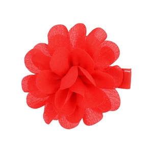 Detailed view of handmade red chiffon flower hair clip with a ribbon-wrapped metal alligator base