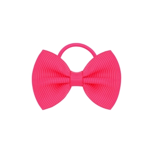 Detail of bright pink grosgrain ribbon bow hair tie with high elastic rubber band for girls