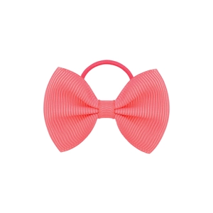 Detailed view of a pink grosgrain ribbon bow hair tie with a high-elastic rubber band