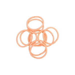 Close-up of pink-orange elastic hair ties in a stacked layout on white background