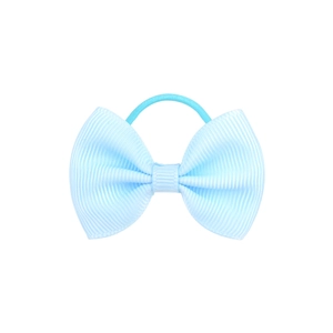 Close-up of light blue grosgrain ribbon bow with elastic hair tie on a white background
