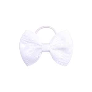 Close-up of white grosgrain ribbon bow hair tie with high-elastic band for girls
