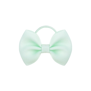 Detail of light green grosgrain ribbon bow hair tie with textured fabric and elastic band