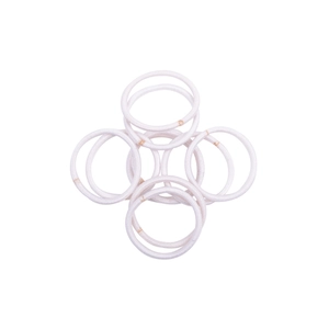 Detail showing 8 white high-elastic hair ties with seamless polyester braided texture