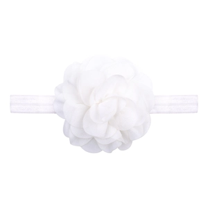 Detailed view of handmade white chiffon flower on a soft nylon baby headband strap