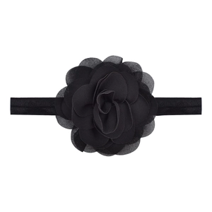 Close-up of handmade black chiffon 3D flower on high-elastic nylon baby headband