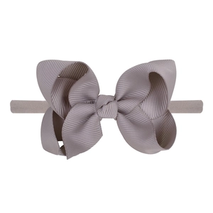 Elastic nylon headband with multilayered grey grosgrain ribbon bow for baby girls