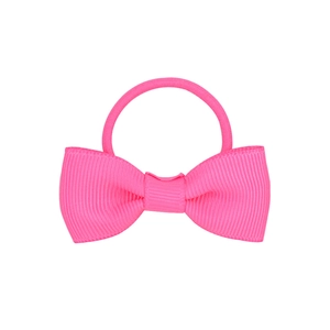 Detail of bright pink bow hair tie made of ribbed grosgrain ribbon and elastic band