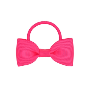 Detailed view of neon pink ribbed ribbon bow hair tie with high elastic band
