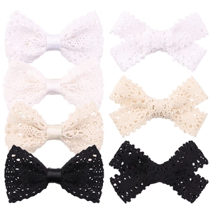 Handmade Cotton Crochet Lace Bow Hair Clips Retro Sweet Solid Color Plaid Pattern Kids Girls Hair Barrettes Headwear