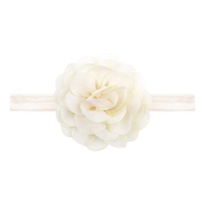 Detailed close-up of a white layered chiffon flower headband for newborn babies
