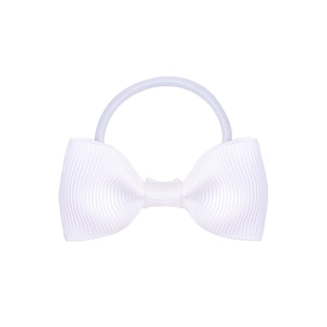 Close-up of white grosgrain ribbon bow hair tie showing texture and elastic band