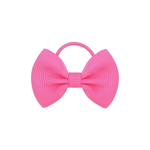 Detailed macro view of pink grosgrain ribbon bow hair tie with elastic rope
