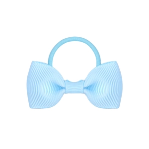 Detailed view of a light blue ribbon bow hair tie with a high-elastic rope on white background