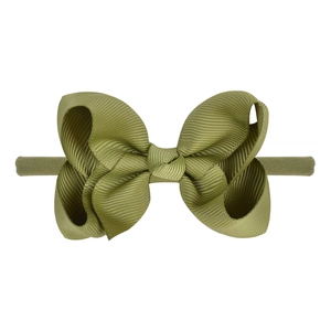 Olive green elastic baby headband with double-layered grosgrain ribbon bow decoration