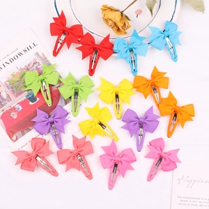 Set of 14 colorful grosgrain ribbon bow hair clips for girls in various macaron colors