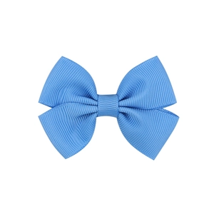 Detail of light blue grosgrain ribbon bow with fine ribbed texture for hair clips