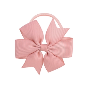 Close-up of pink grosgrain ribbon fishtail bow hair tie with textured fabric detail