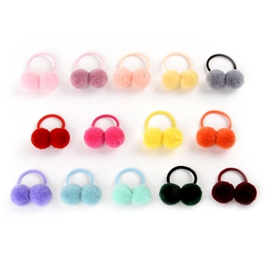 Set of 14 colorful plush pom pom elastic hair ties in cherry style for girls