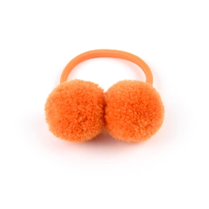 Kids orange hair tie with two fluffy pom poms and high elastic seamless rubber band