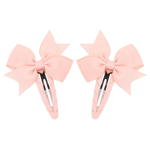 Set of two pink ribbed grosgrain bow hair clips with fabric-wrapped metal BB clips