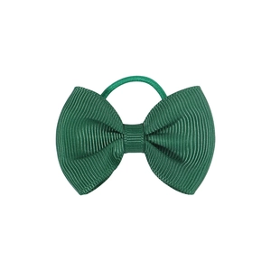 Dark green grosgrain ribbon bow hair tie with high elastic band on white background