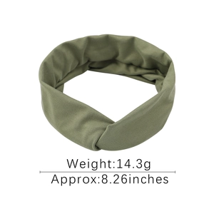 Detail view of army green twisted elastic headband with weight and size specifications