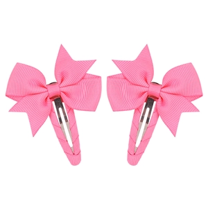 Set of two pink grosgrain ribbon bow hair clips with soft fabric wrapped metal bases