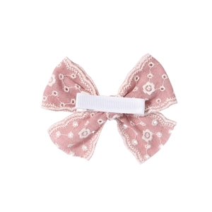 Pink chiffon bow hair clip for girls with fine white sunflower lace embroidery