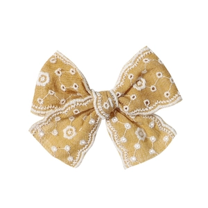 Elegant mustard yellow chiffon bow hair clip with white floral embroidery for girls